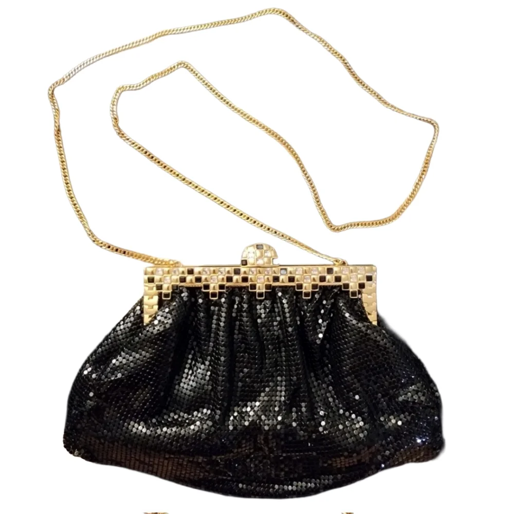 Whiting & Davis vintage black metal mesh evening frame crossbody bag clutch